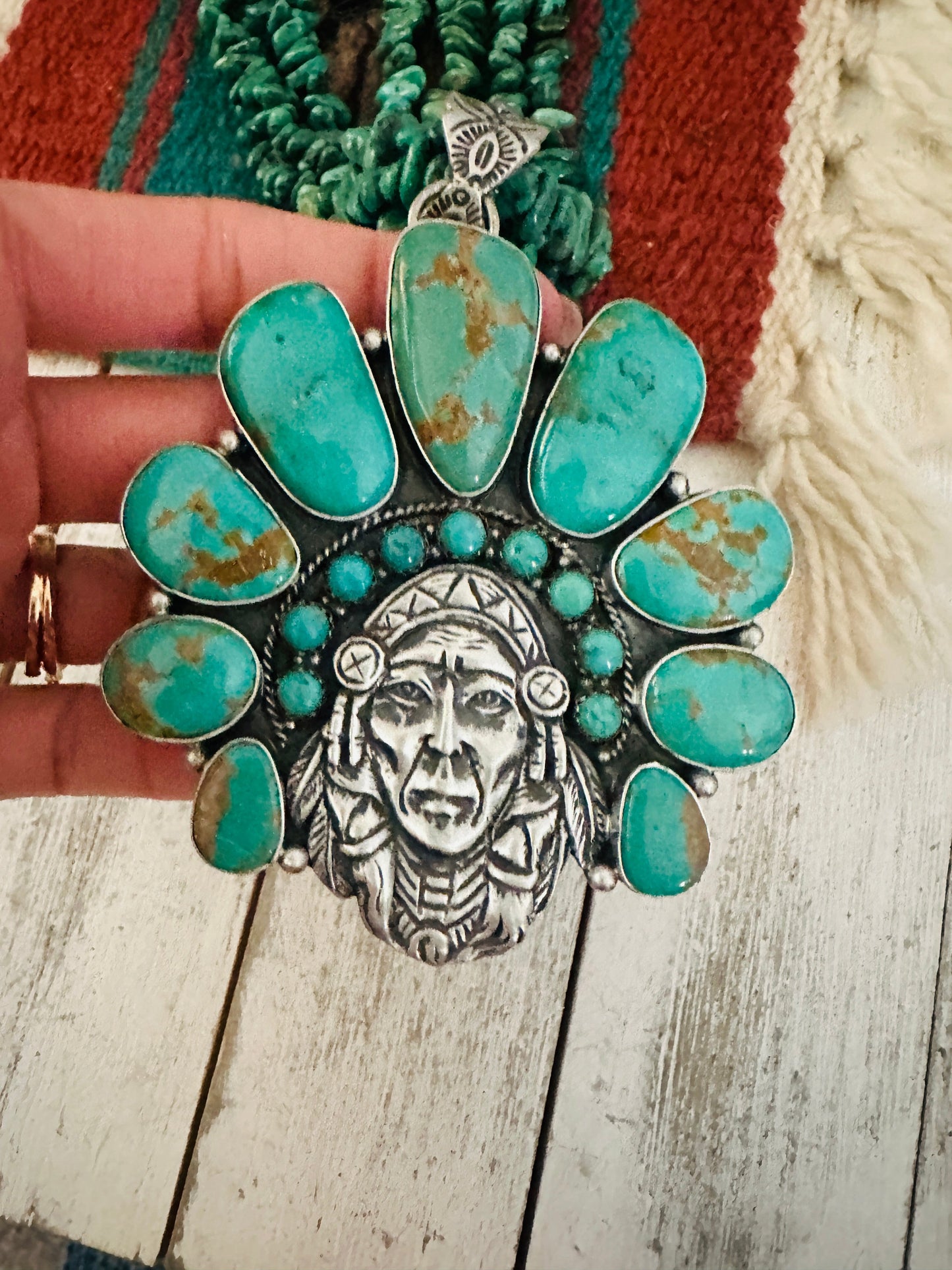 Stunning Handcrafted Sterling Silver & Turquoise Indian Chief Beaded Necklace