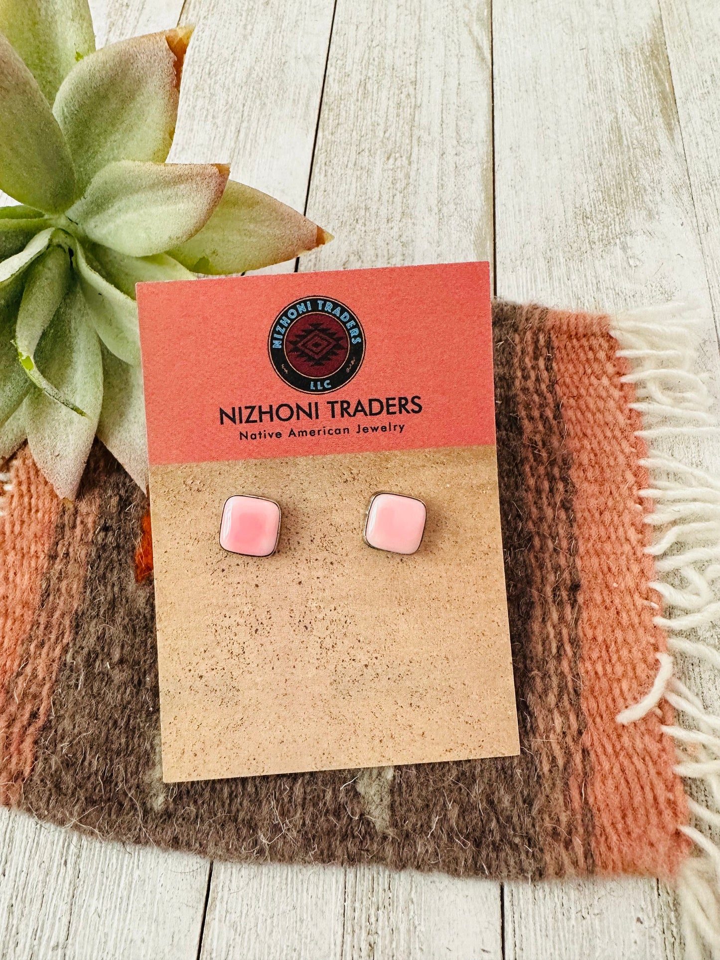 Navajo Queen Pink Conch & Sterling Silver Square Stud Earrings