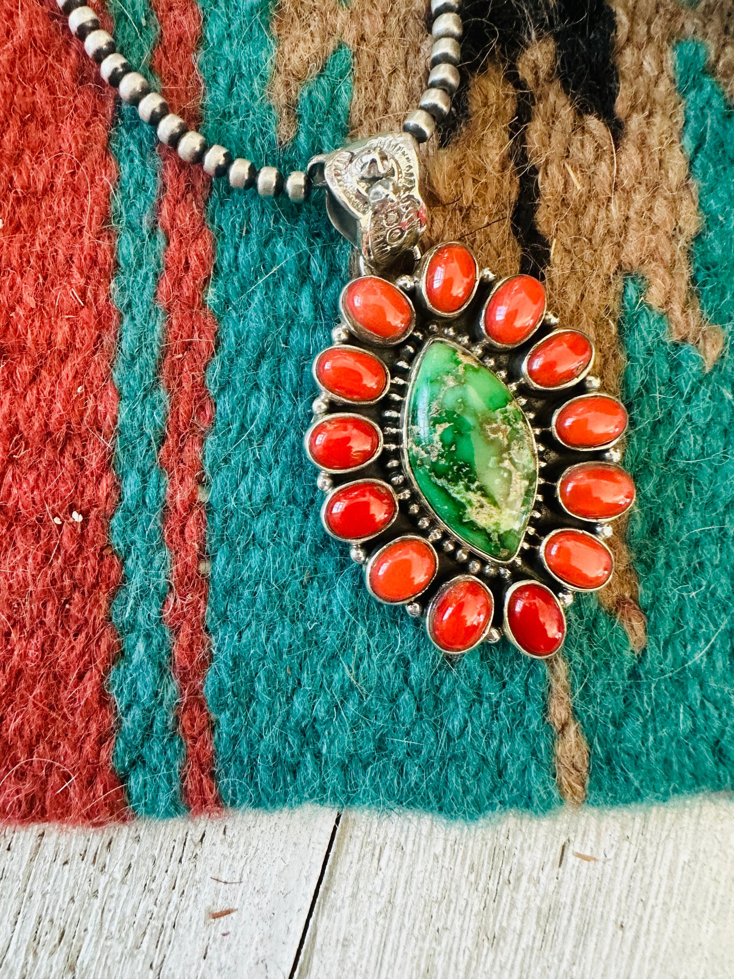 ** Christmas Collection ** Handmade Sterling Silver, Coral & Turquoise Cluster Pendant Signed Nizhoni
