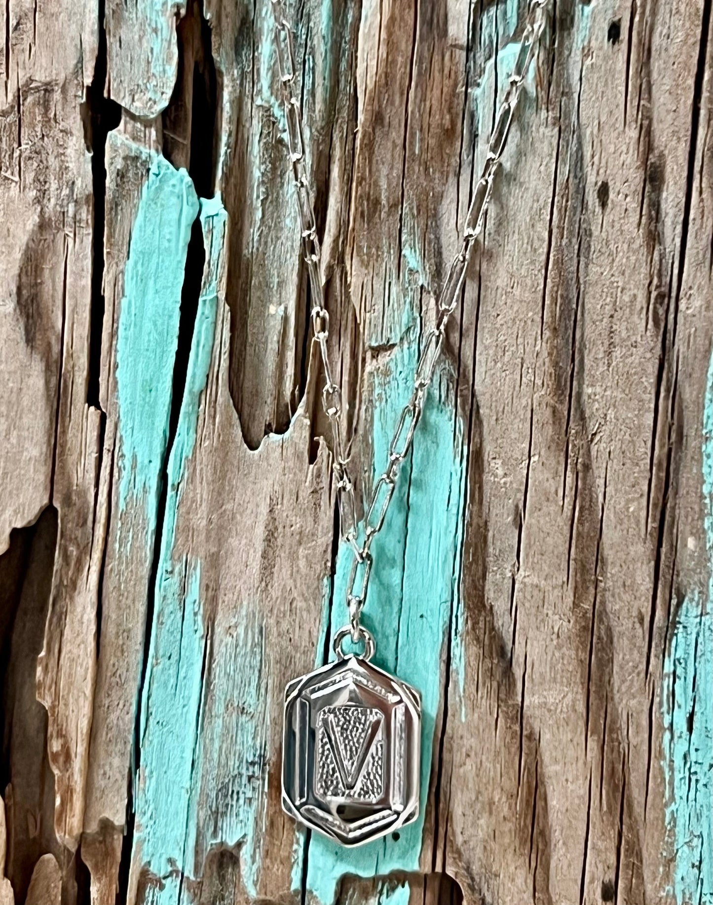 Hexagon Tag Initial “V” Pendant Necklace