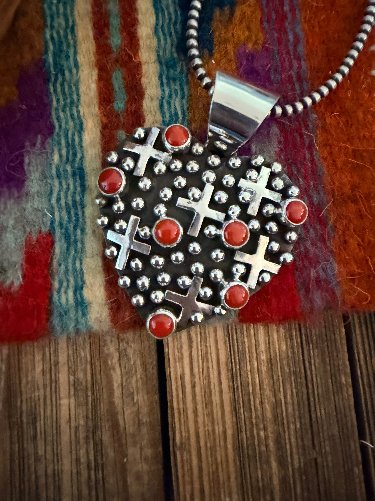 Handcrafted Coral & Sterling Silver Heart Cross Pendant by Geneva Apachito
