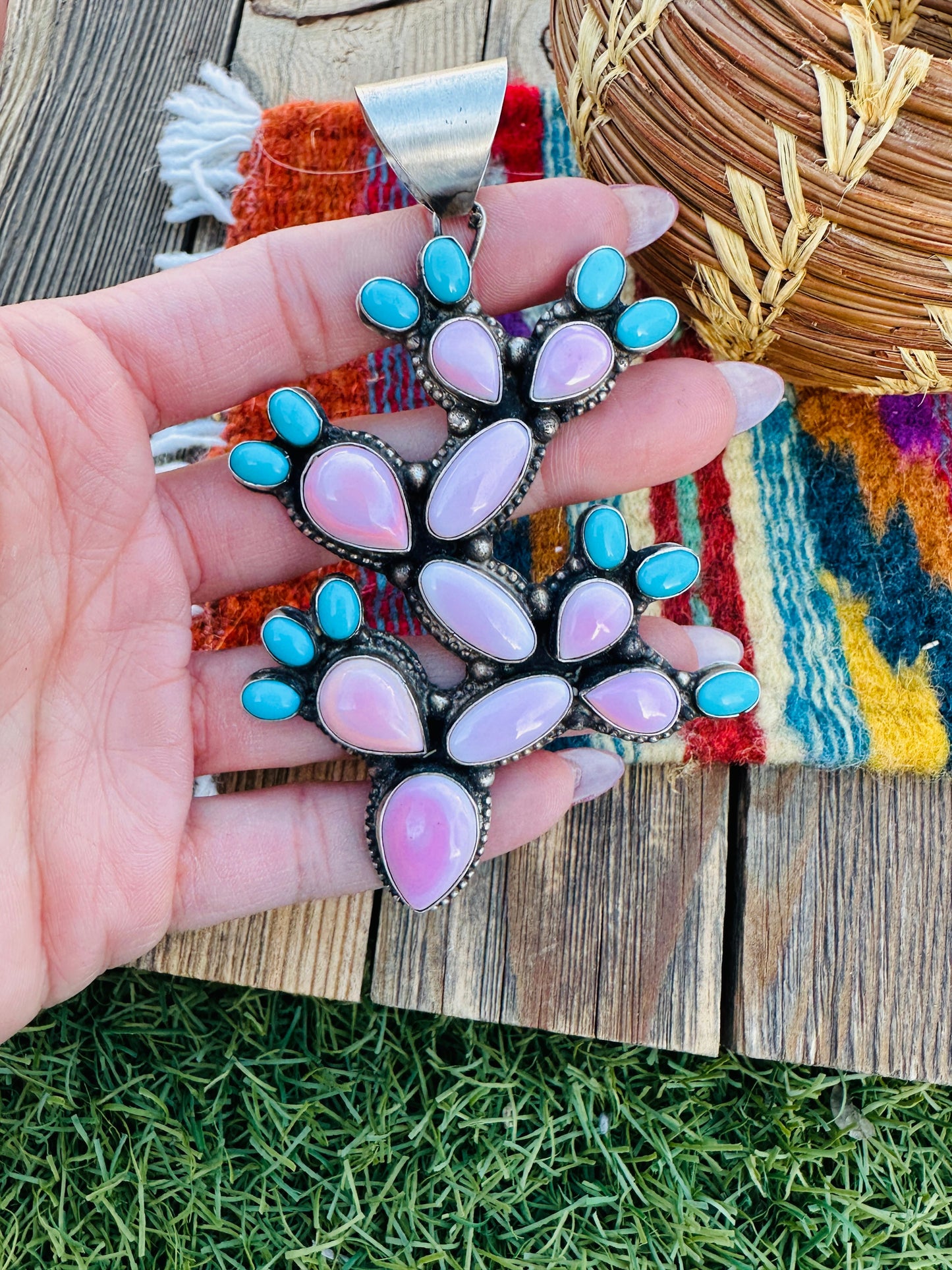 Handcrafted Sterling Silver, Turquoise & Queen Pink Conch Cactus Pendant by Shawn Cayatineto