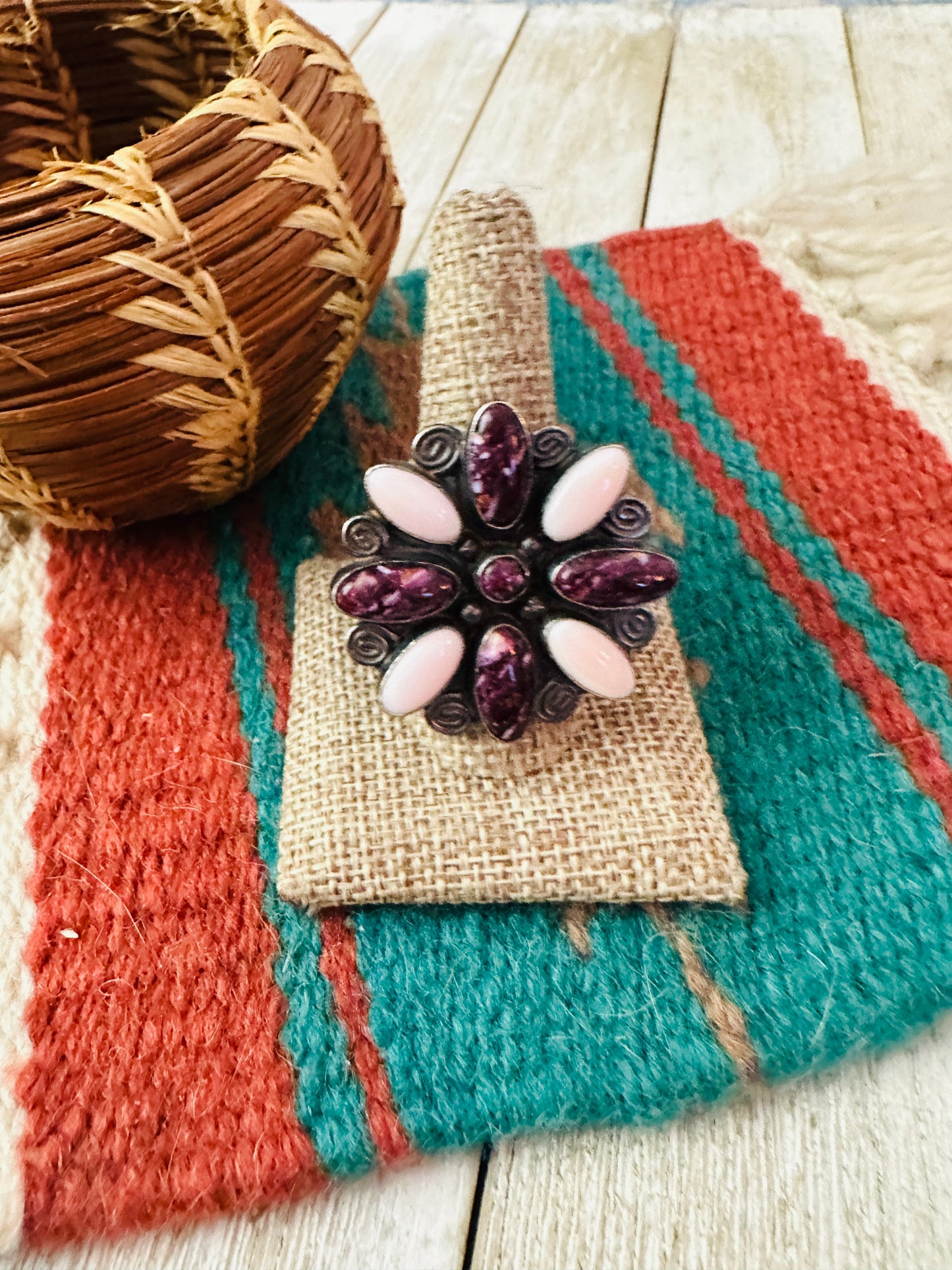 Handcrafted Queen Pink Conch, Purple Spiny & Sterling Silver Adjustable Ring by Jacqueline Silver