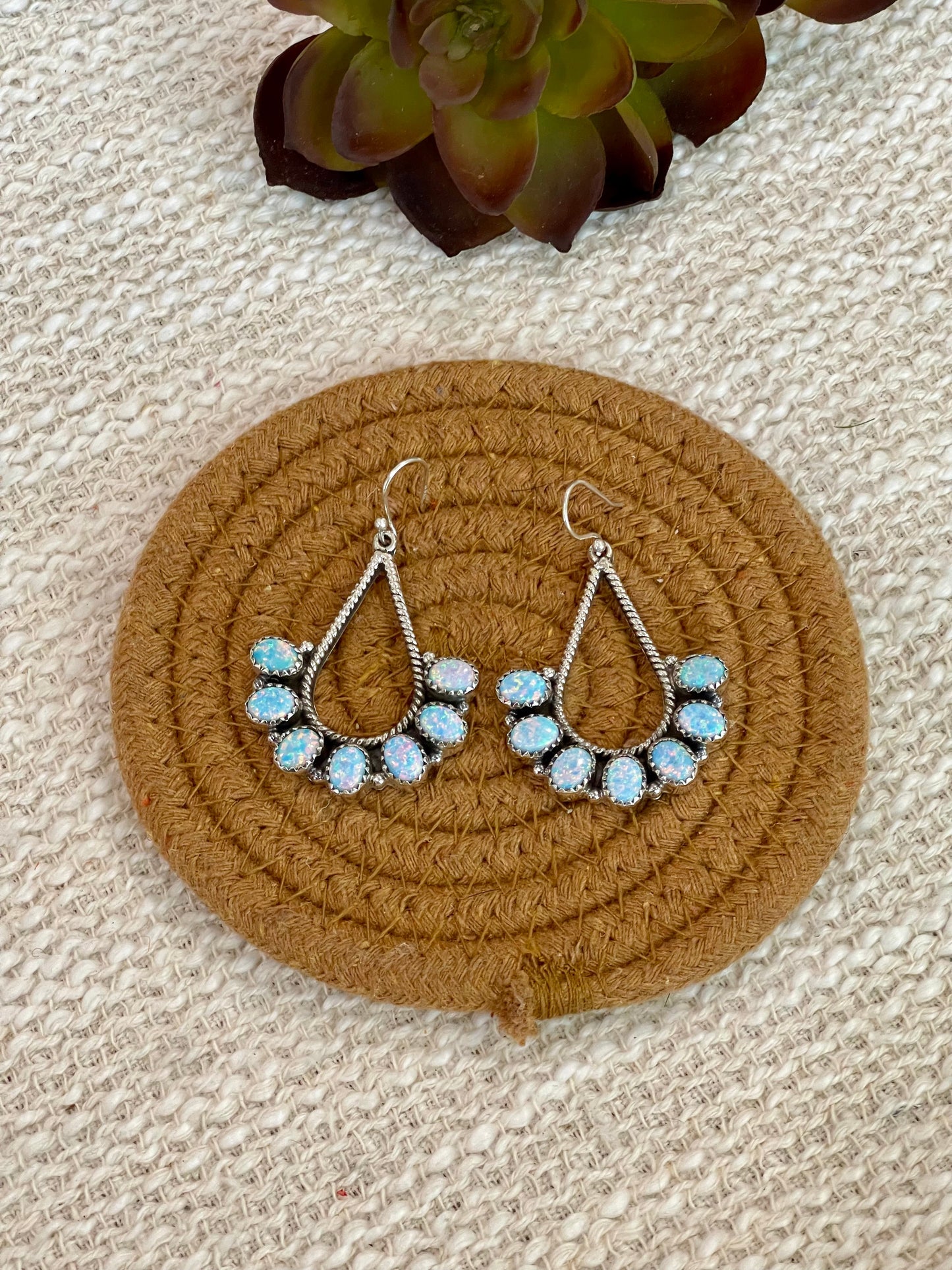 Handmade Light Blue Fire Opal & Sterling Silver Dangle Earrings