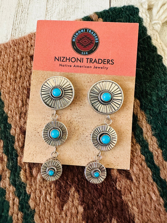 Handcrafted Hand Stamped Sterling Silver & Turquoise Concho Dangle Earrings
