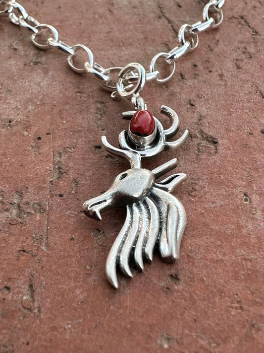 Handmade Sterling Silver and Coral CHRISTMAS REINDEER Charm