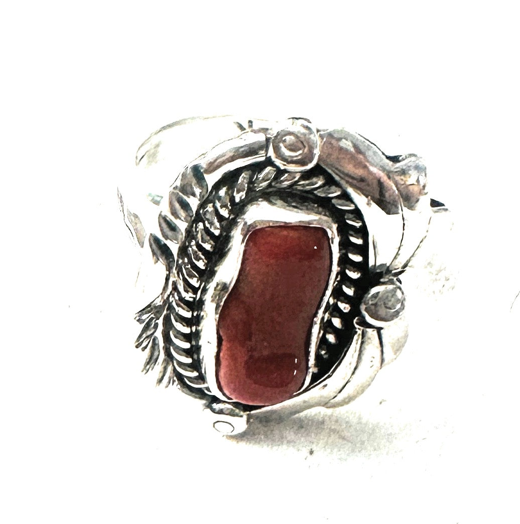 Handcrafted Coral & Sterling Silver Ring Size 5.5