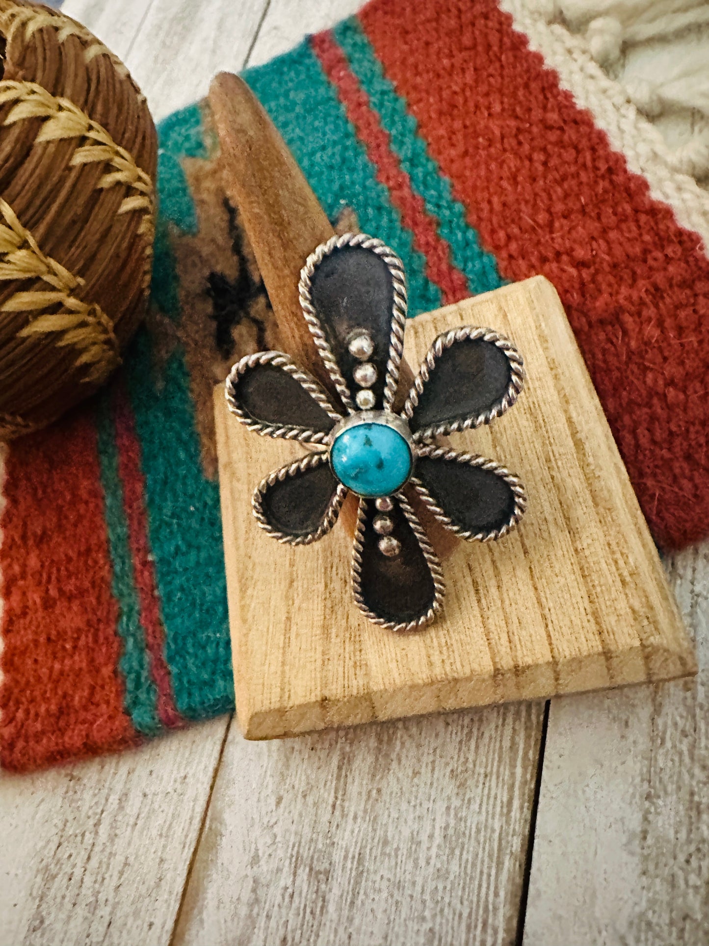 Navajo Sterling Silver And White Buffalo Adjustable Flower Ring