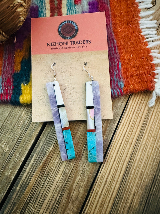 Handcrafted Multi Stone Inlay Slab Dangle Earrings