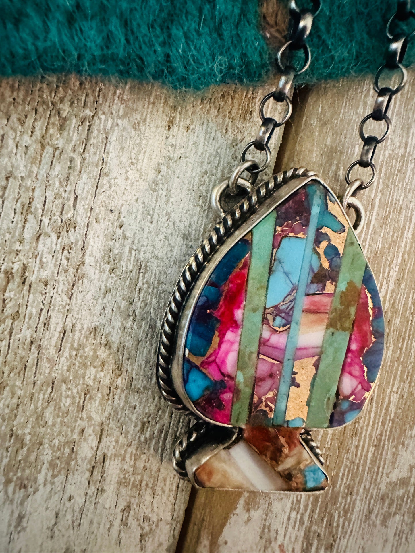 Handcrafted Sterling Silver & Multi Stone Inlay Spade Necklace