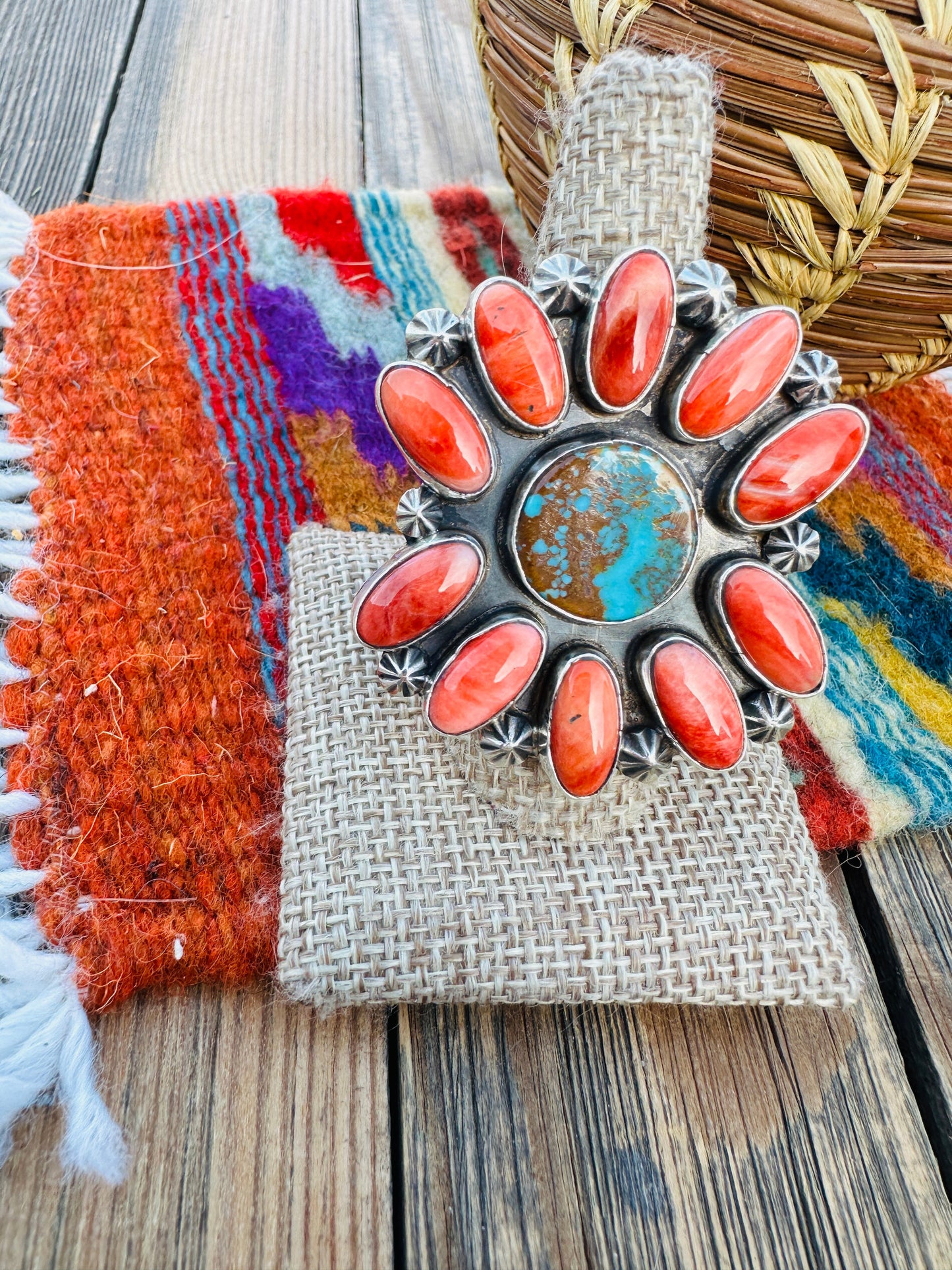 Handcrafted Spiny, Turquoise & Sterling Silver Adjustable Cluster Ring by Jacqueline Silver