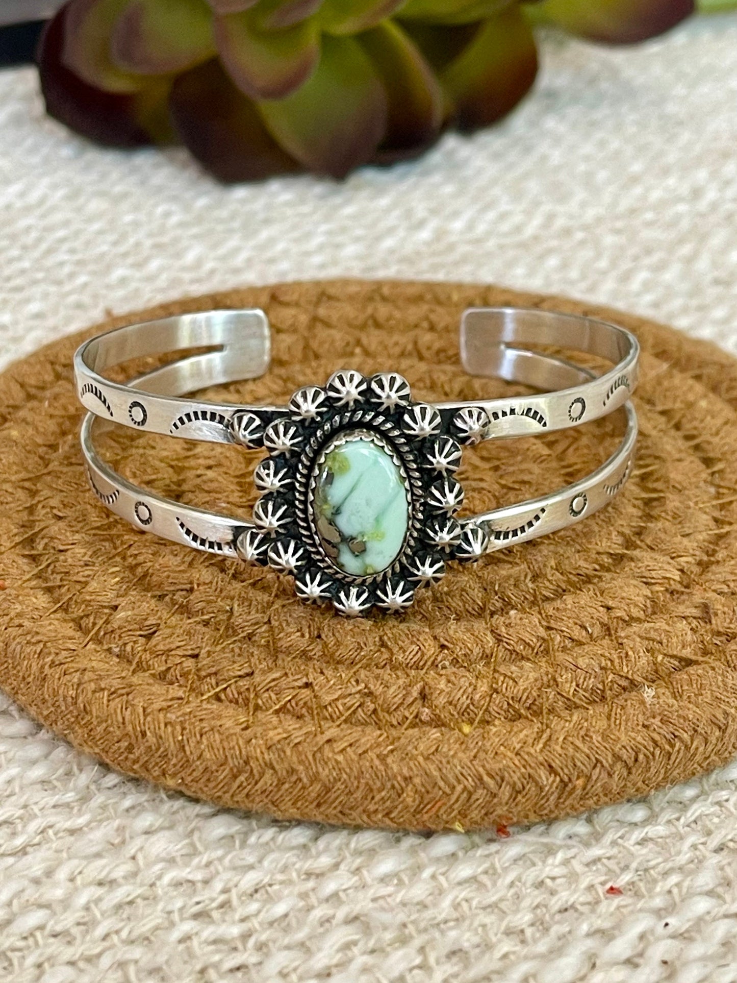 Handmade Sterling Silver Palomino Turquoise Cuff Bracelet with Signed Nizhoni