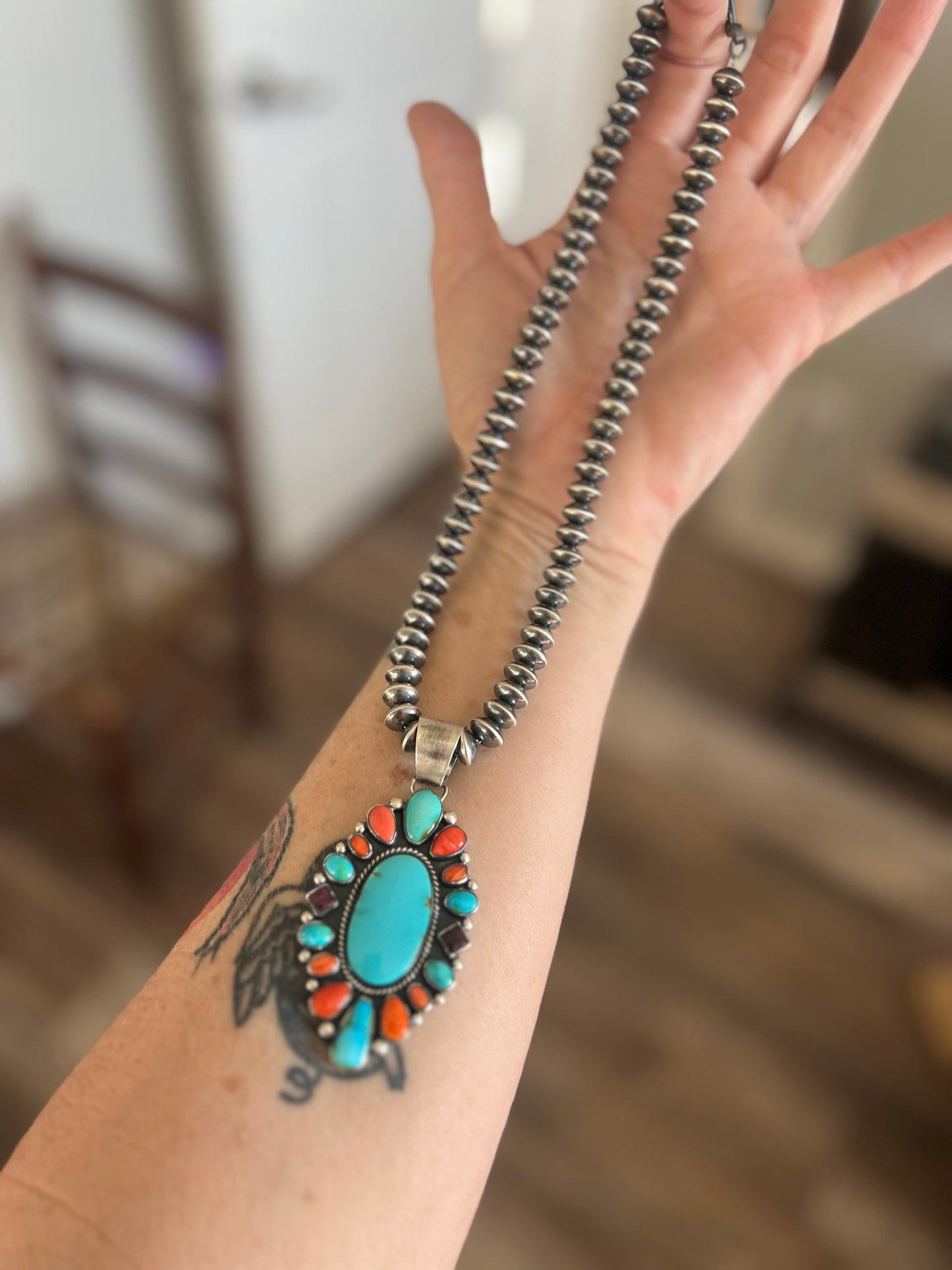 Handcrafted Electric Rainbow Turquoise and Spiny Oyster Pendant by Angela Martin