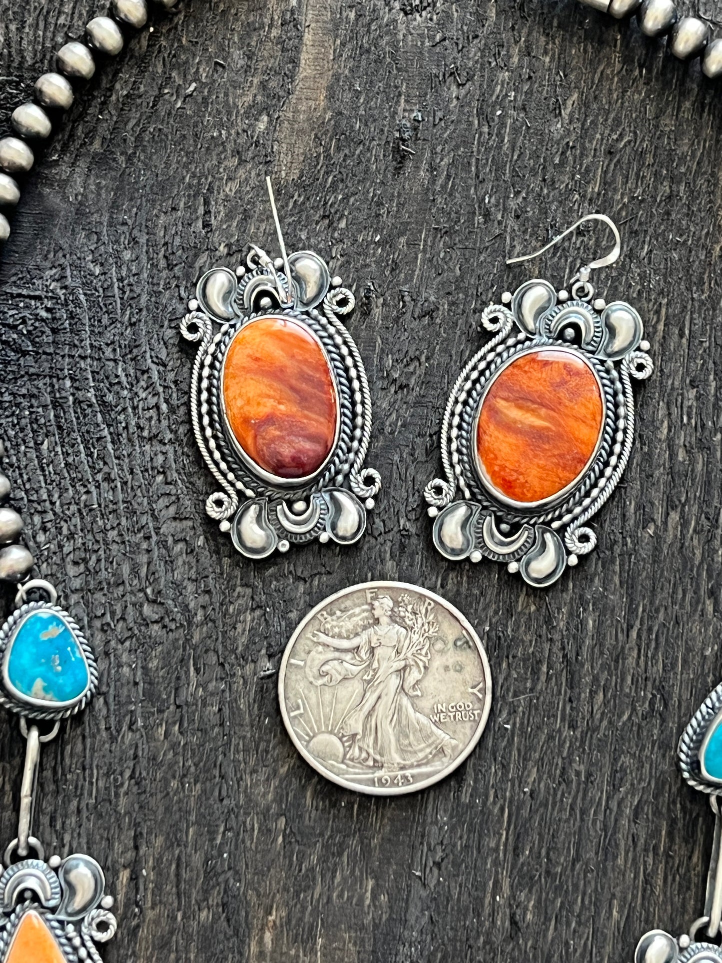 Handcrafted Sterling Silver, Spiny Oyster and Turquoise Link and Bead Electric Rainbow Necklace and Earrings Set by Derrick Gordon