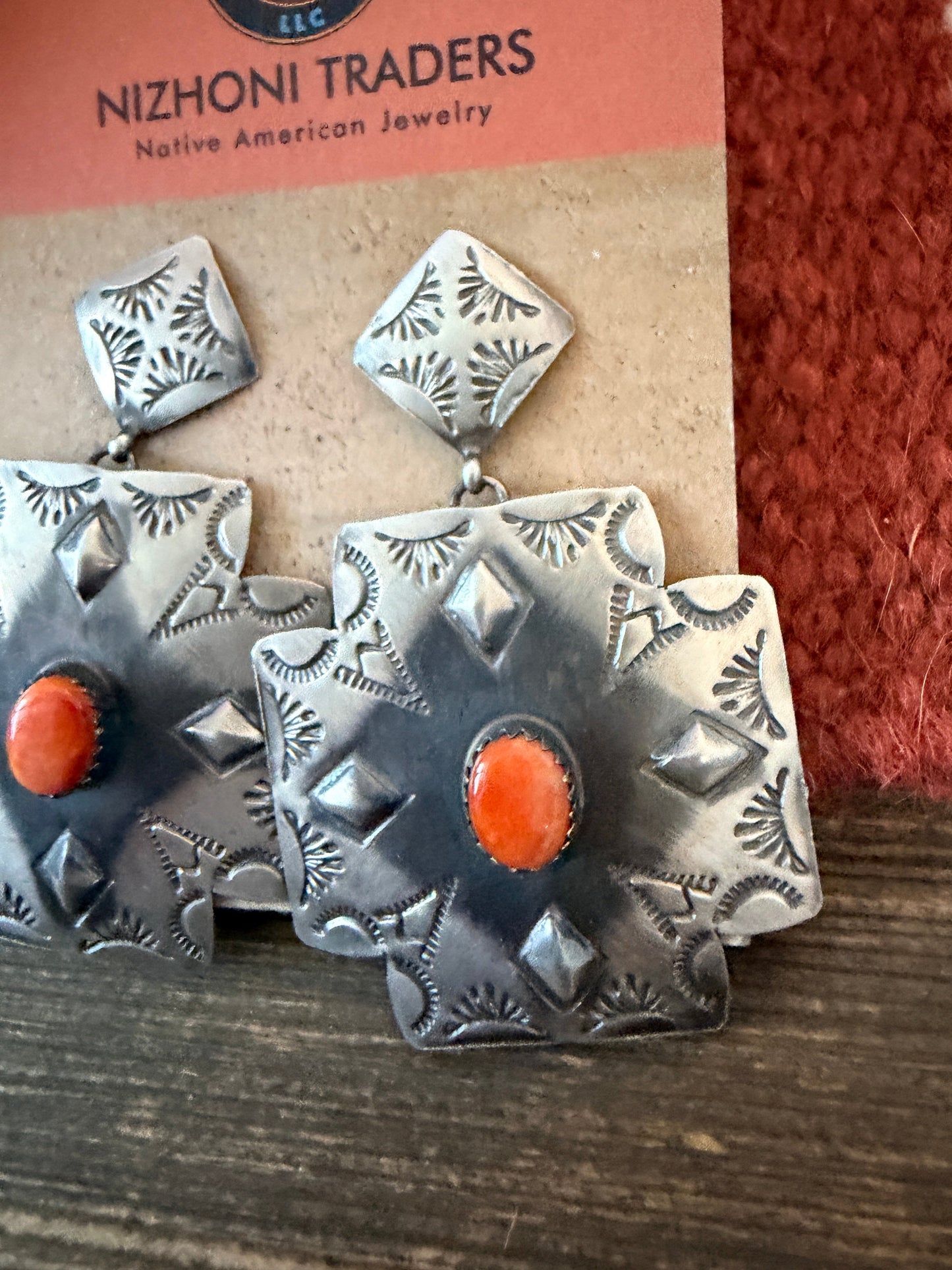 Handcrafted Orange Spiny Oyster & Sterling Silver Concho Dangle Earrings