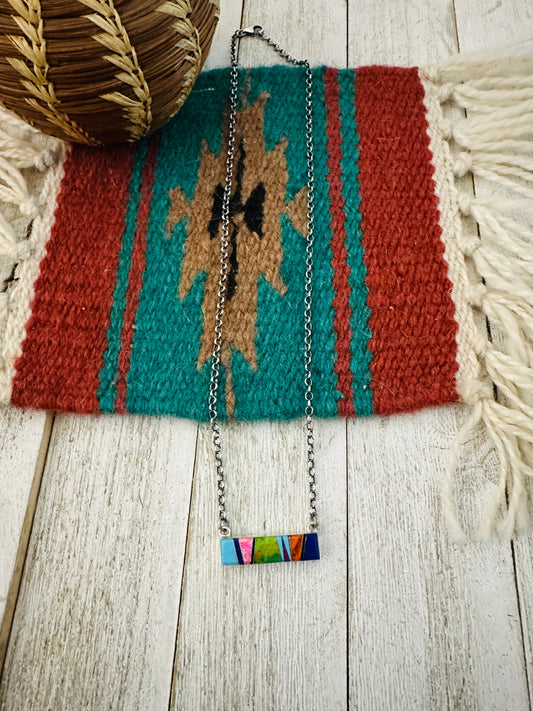 Handcrafted Multi Stone & Sterling Silver Inlay Bar Necklace