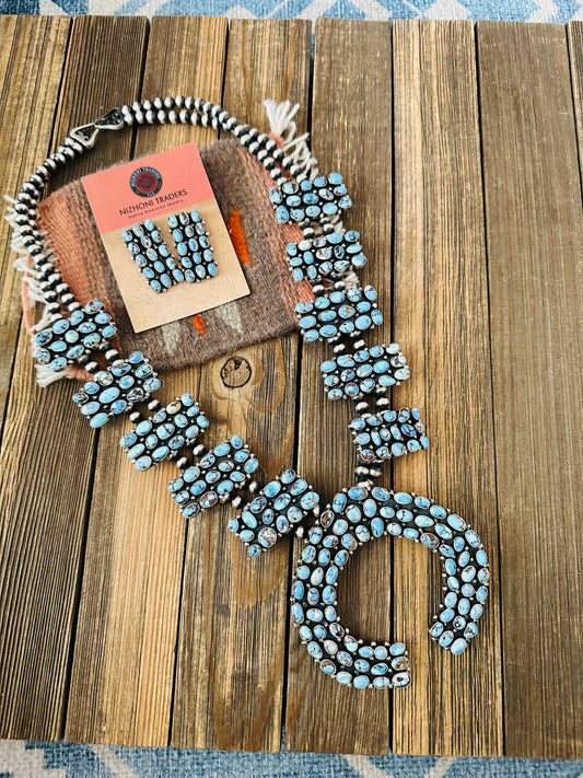 Handcrafted Golden Hills Turquoise & Sterling Silver Squash Blossom Necklace Set by B. Yellowhorse