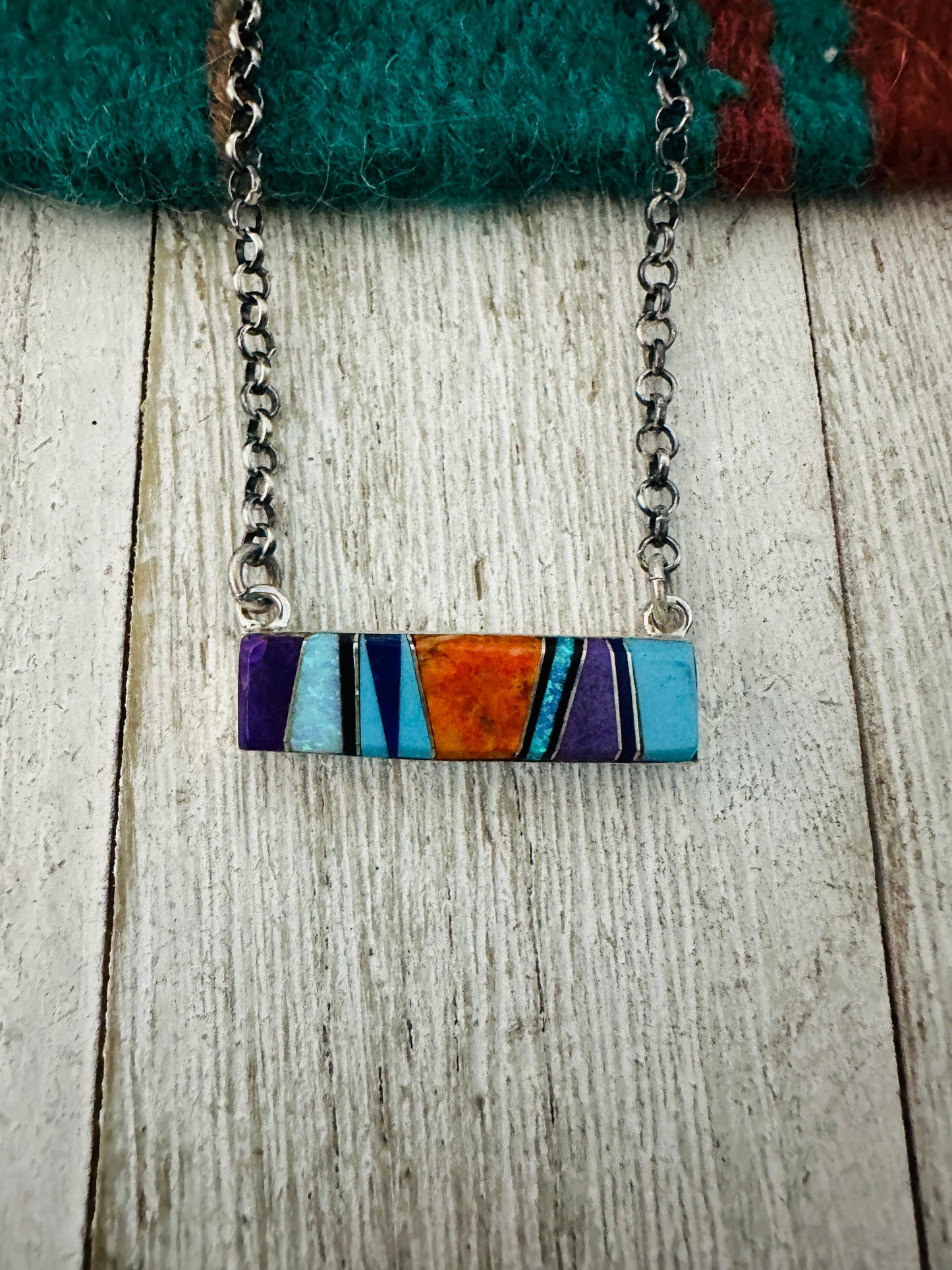 Handcrafted Multi Stone & Sterling Silver Inlay Bar Necklace