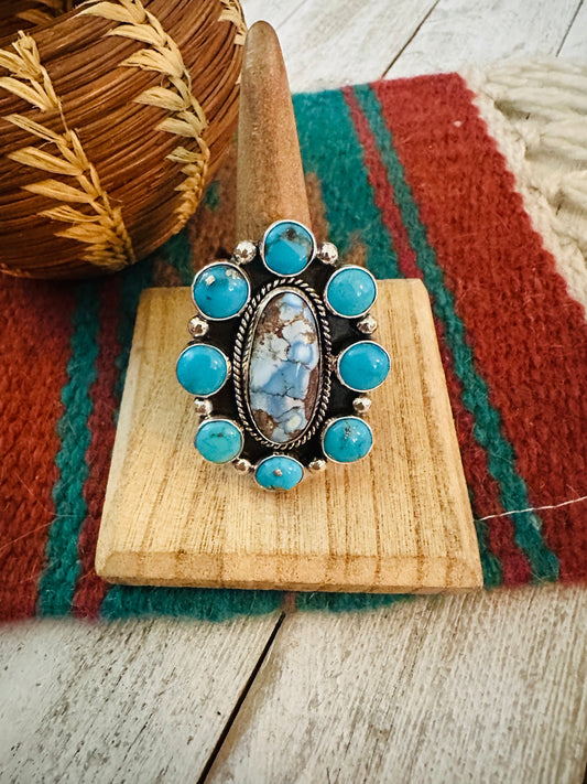 Handcrafted Sterling Silver & Multi Turquoise Cluster Adjustable Ring