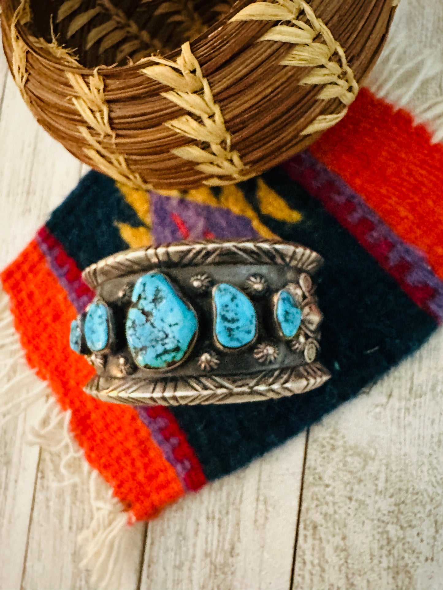 Old Pawn Handcrafted Sterling Silver & Kingman Turquoise Cuff Bracelet /