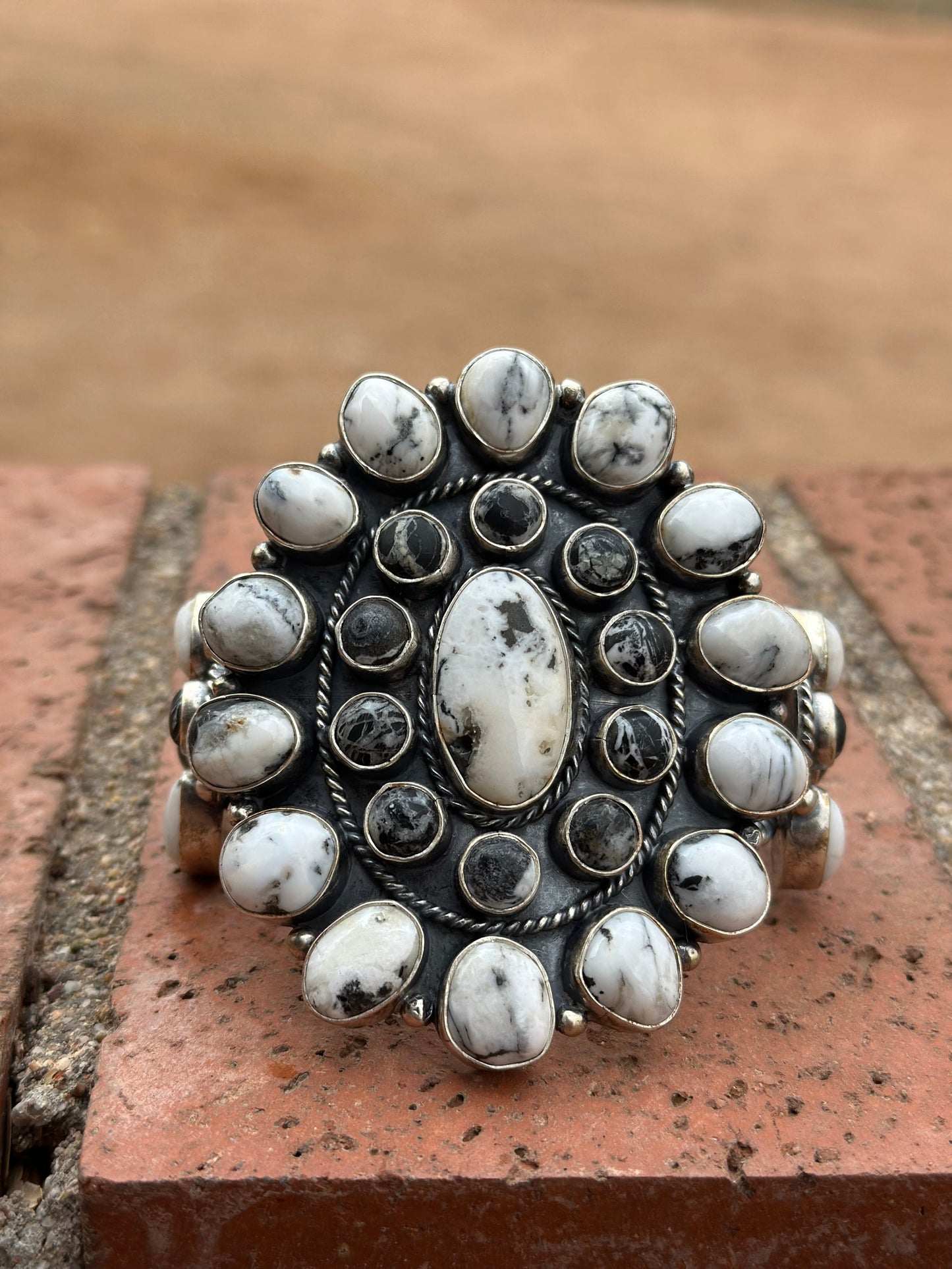 Handcrafted White Buffalo & Sterling Silver Cluster Cuff Bracelet