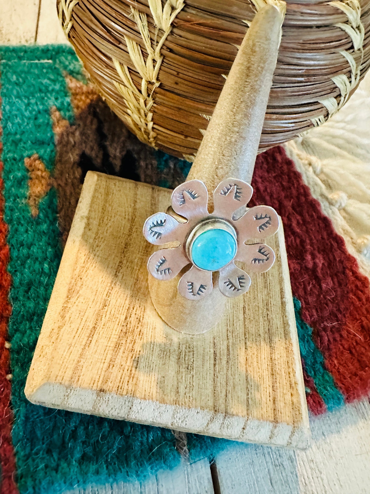 Navajo Sterling Silver & Turquoise Adjustable Flower Ring