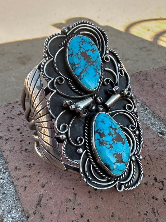 Estate Collection Old Pawn Sterling Silver & Turquoise Cuff Bracelet /