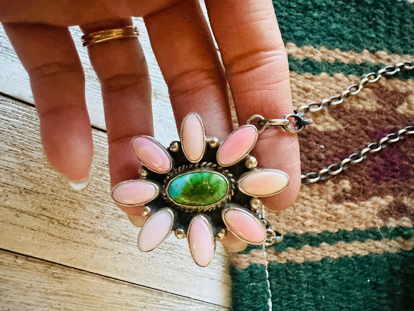 Handcrafted Sterling Silver, Queen Pink Conch Shell & Turquoise Necklace