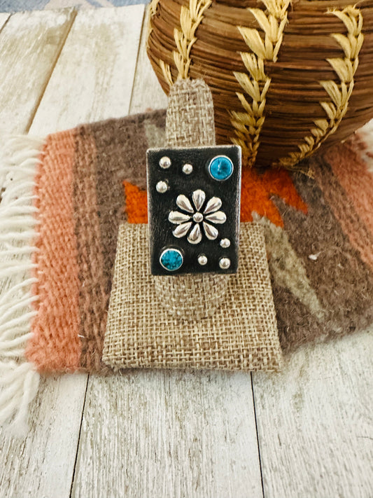 Handcrafted Sterling Silver & Studded Flower Turquoise Ring Size 8