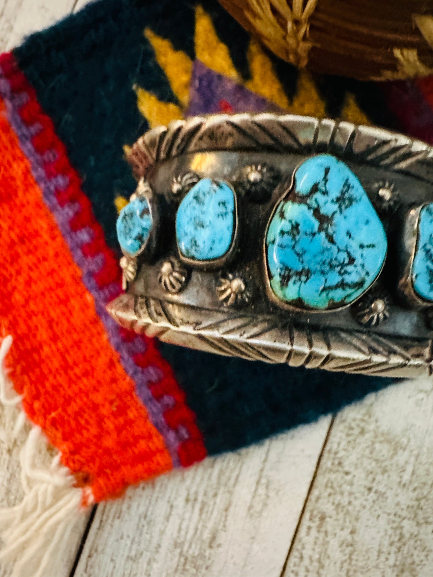 Old Pawn Handcrafted Sterling Silver & Kingman Turquoise Cuff Bracelet /