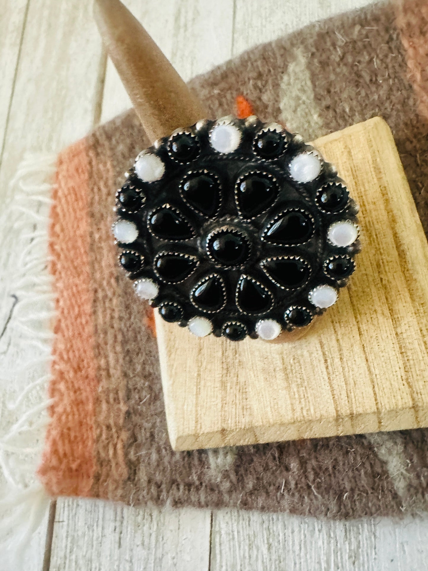 Handcrafted Sterling Silver, Onyx & Mother of Pearl Cluster Adjustable Ring