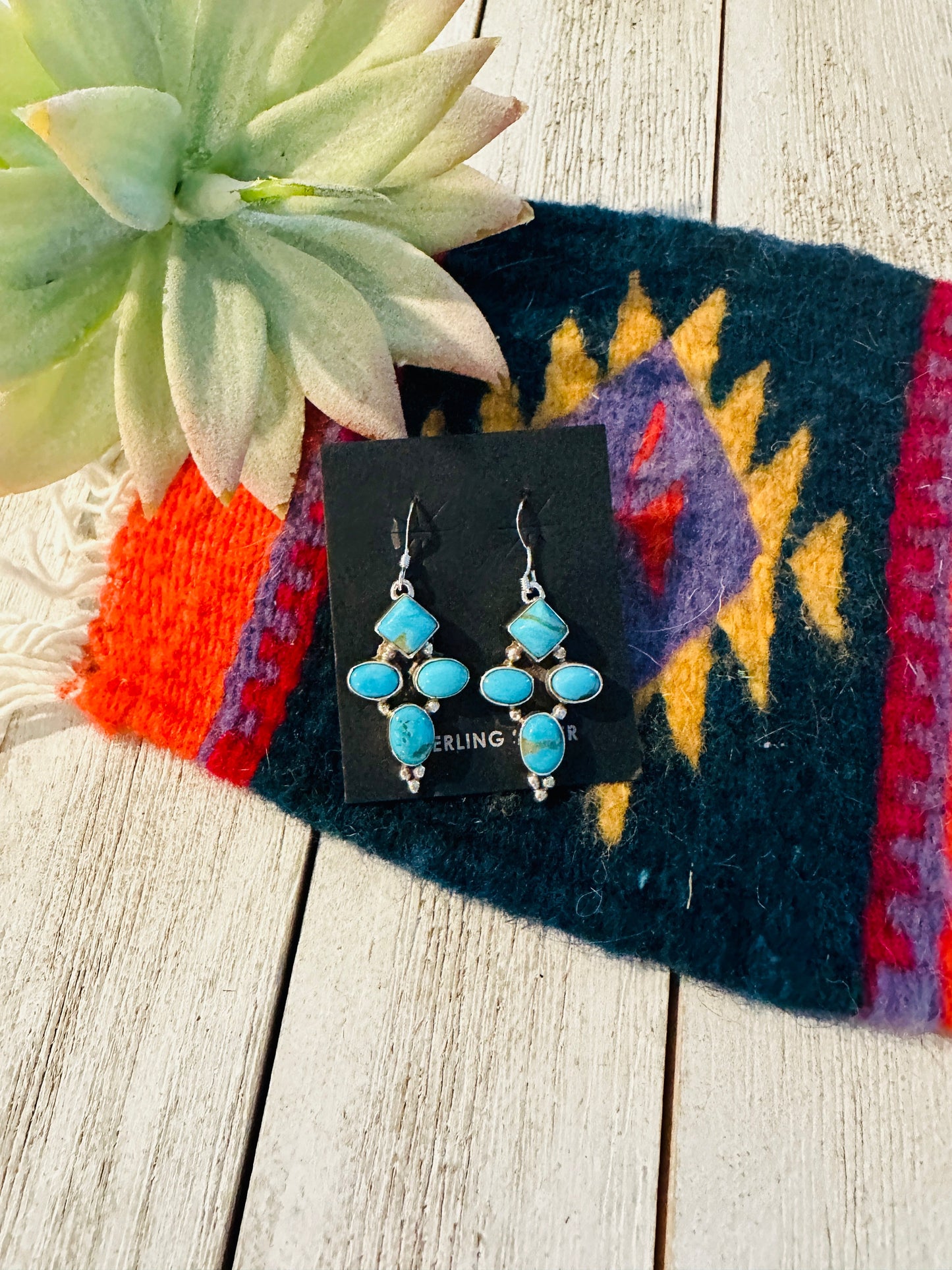Navajo Kingman Turquoise and Sterling Silver Dangle Earrings