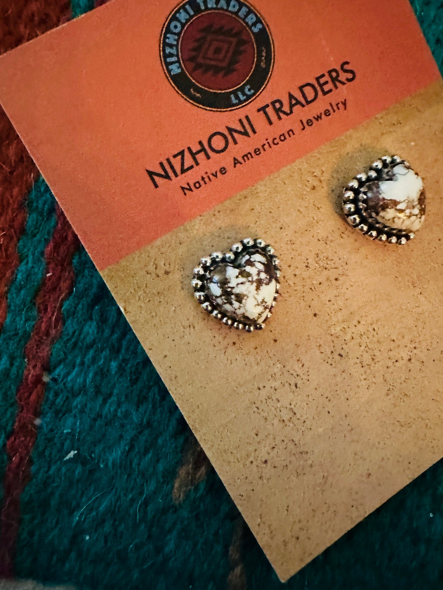 Handmade Wild Horse & Sterling Silver Heart Stud Earrings Signed Nizhoni