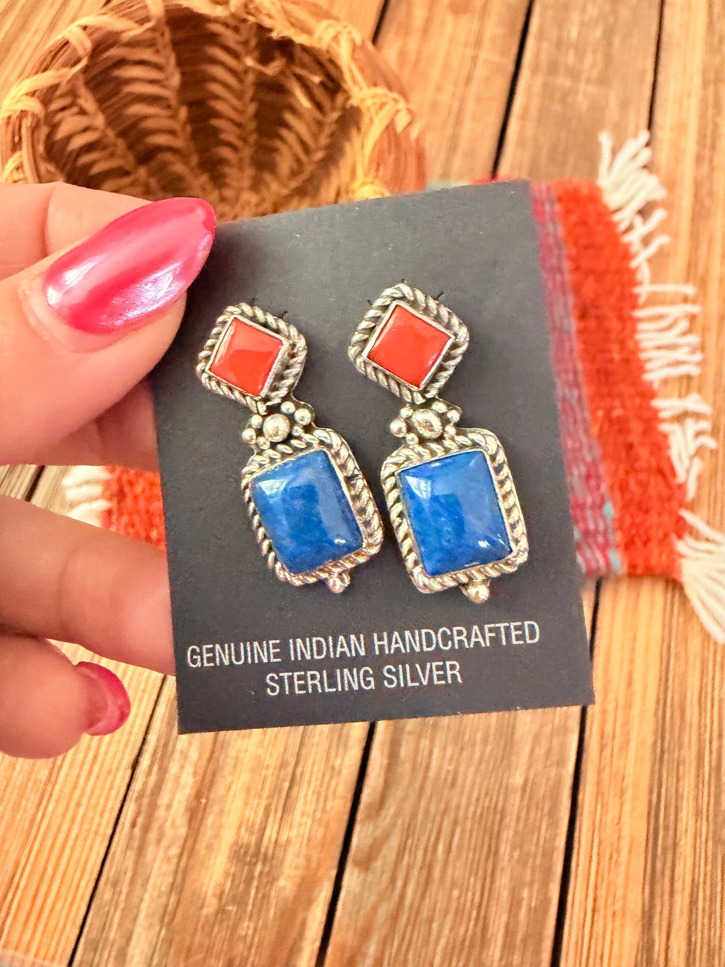 Handcrafted Lapis, Coral & Sterling Silver Dangle Earrings