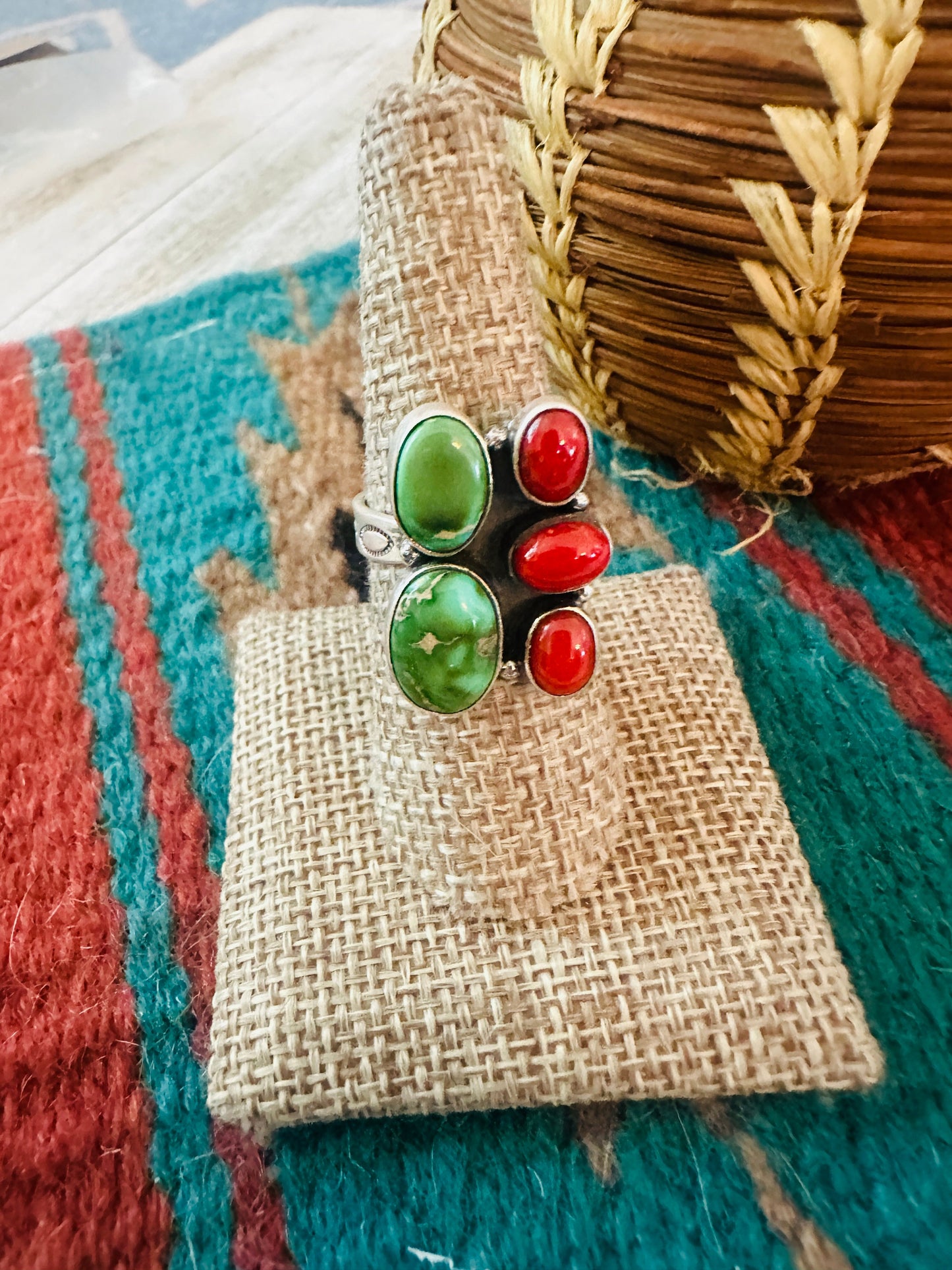** Christmas Collection ** Handmade Sterling Silver, Turquoise & Coral Adjustable Ring Signed Nizhoni