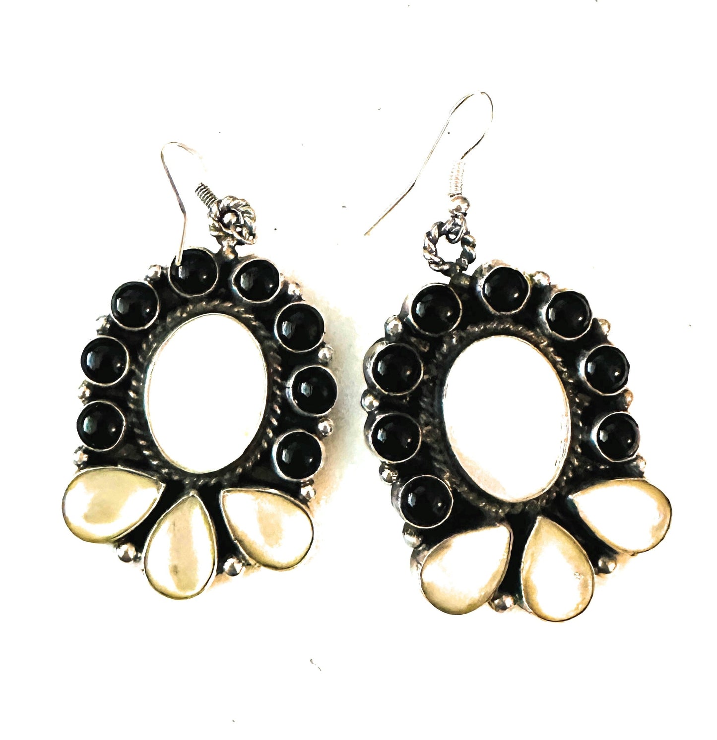 Handcrafted Mother of Pearl, Onyx & Sterling Silver Dangle Earrings