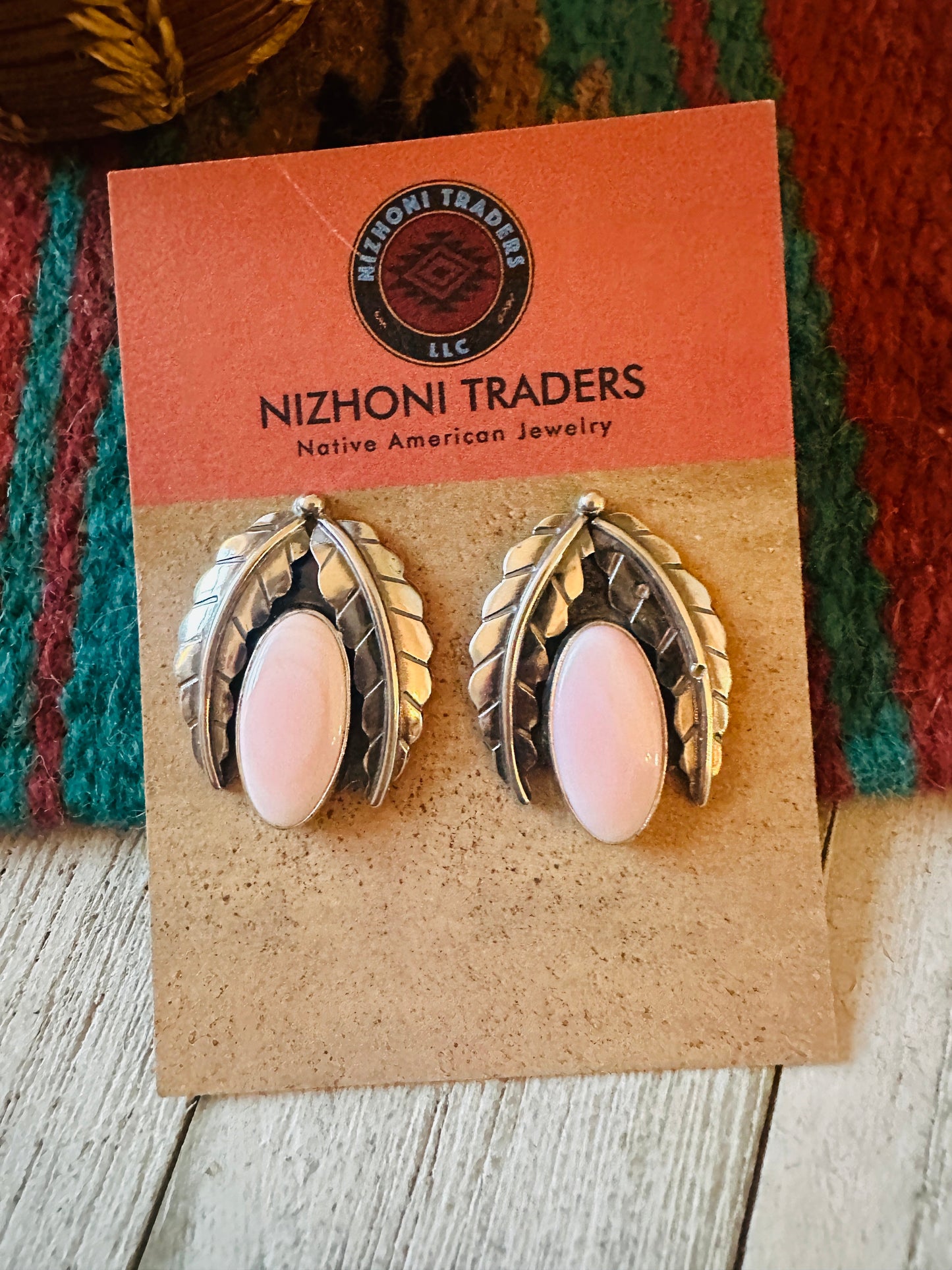 Handcrafted Sterling Silver & Queen Pink Conch Leaf Post Earrings