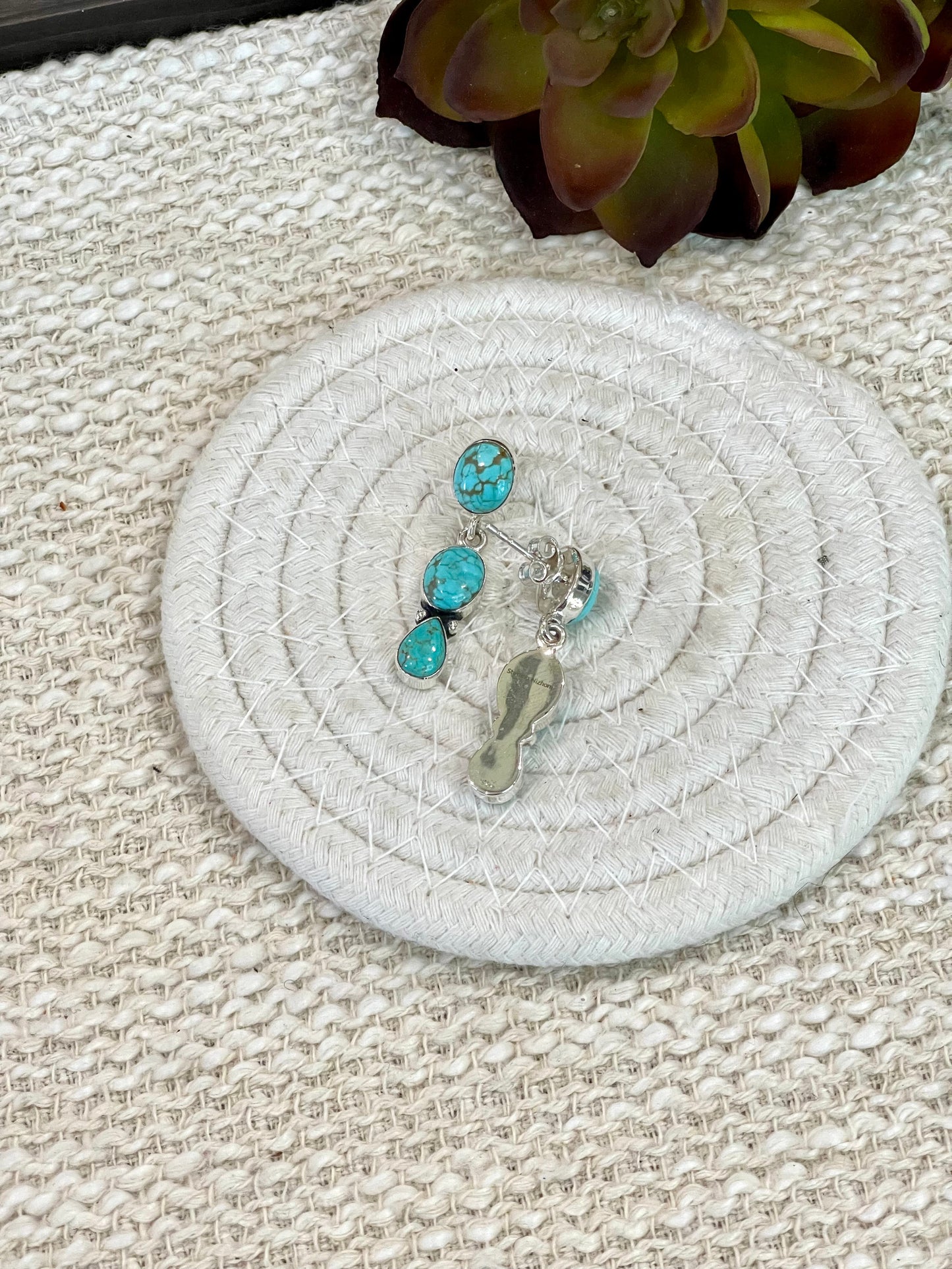 Handmade Sterling Silver Number 8 Turquoise Post Dangle Earrings with Signed Nizhoni