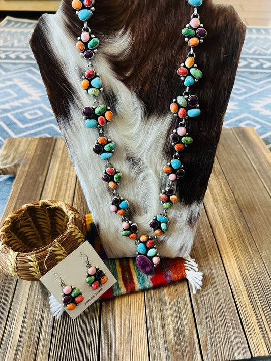 Handcrafted Multi Stone & Sterling Silver Cluster Necklace and Earring Set by Paul Livingston