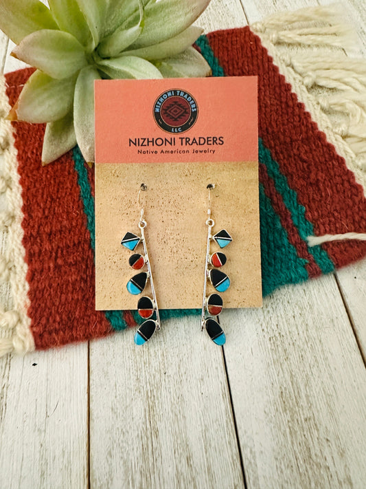 Handcrafted Multi Stone & Sterling Silver Inlay Dangle Earrings