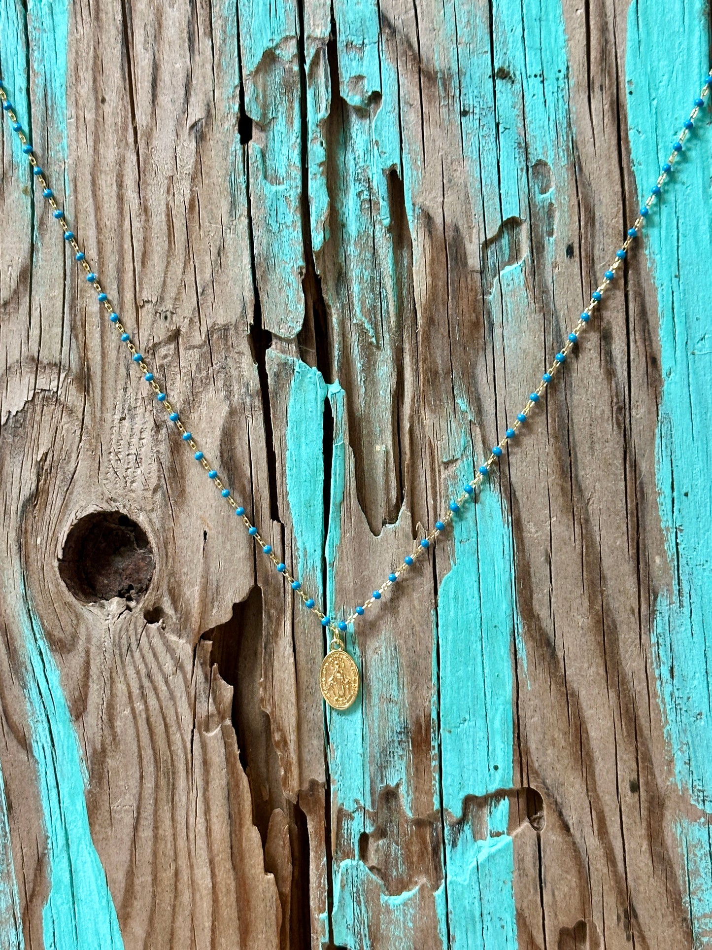 Turquoise Chip Saint Mary Pendant 14k Gold Plated Necklace