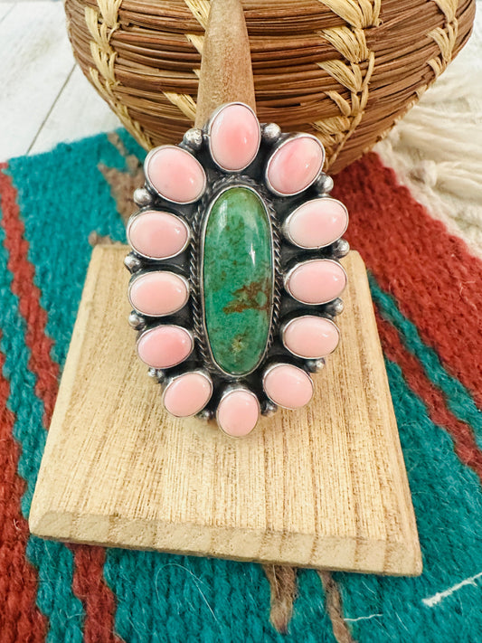 Handcrafted Sterling Silver, Queen Pink Conch Shell & Turquoise Cluster Ring Size 7