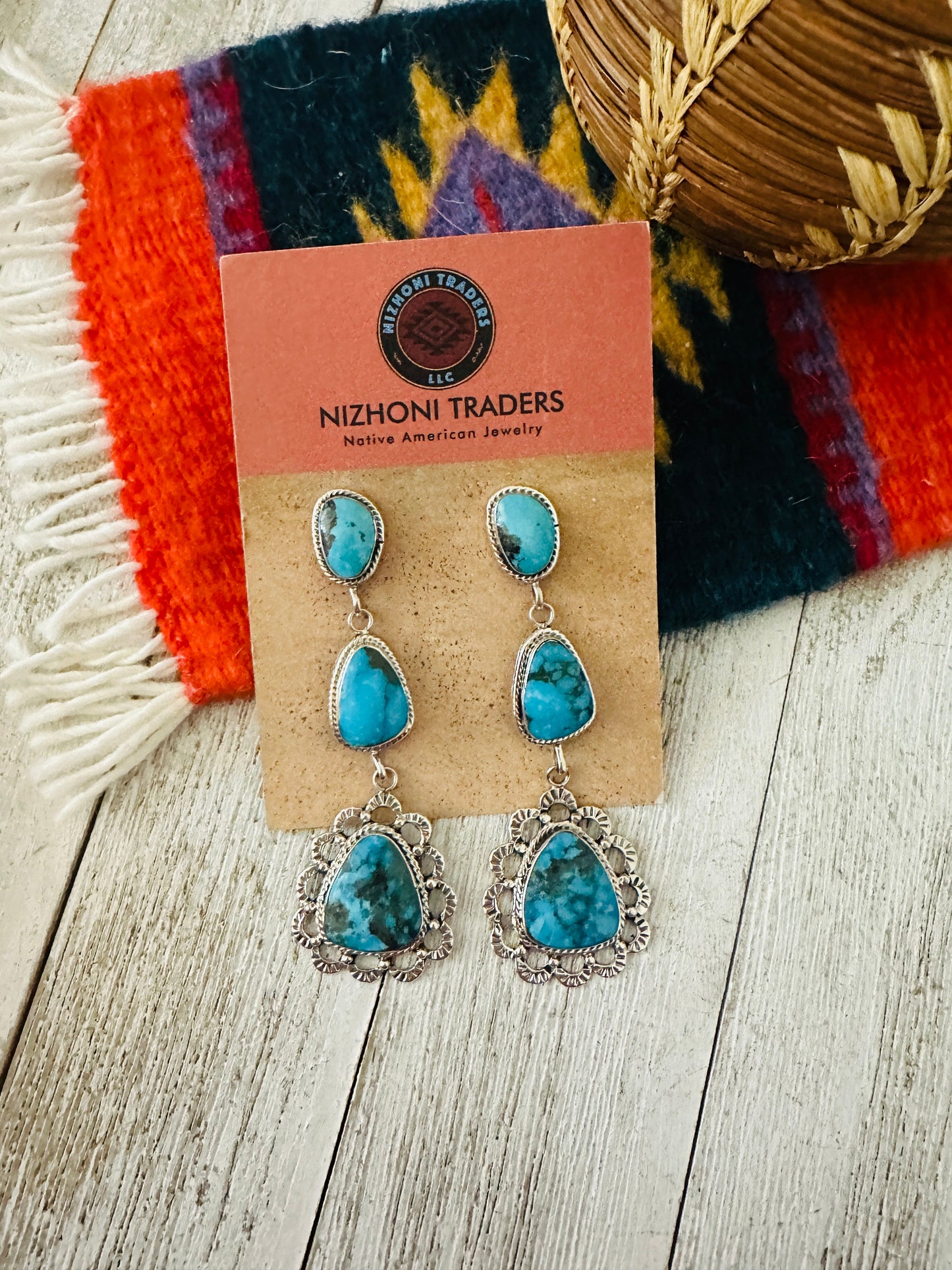Navajo Kingman Web Turquoise and Sterling Silver Dangle Earrings