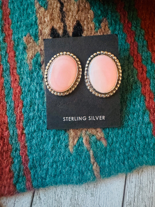 Handcrafted Sterling Silver & Queen Pink Conch Oval Post Earrings