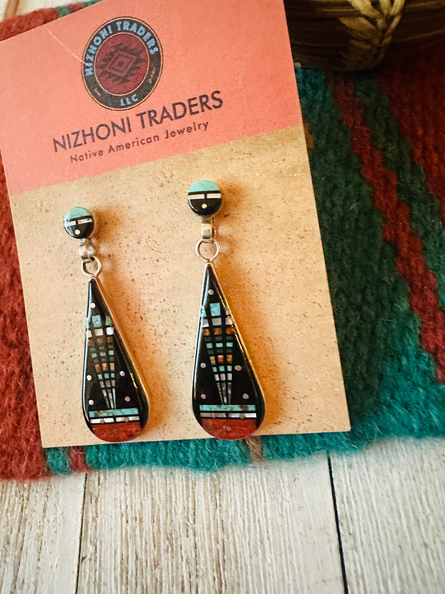 Handcrafted Sterling Silver & Multi Stone Inlay Dangle Earrings