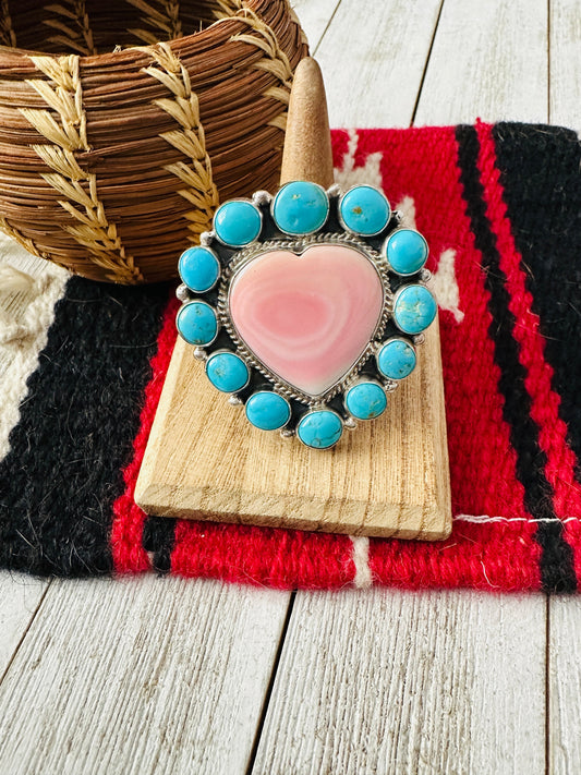 Handcrafted Sterling Silver, Queen Pink Conch & Turquoise Heart Adjustable Ring