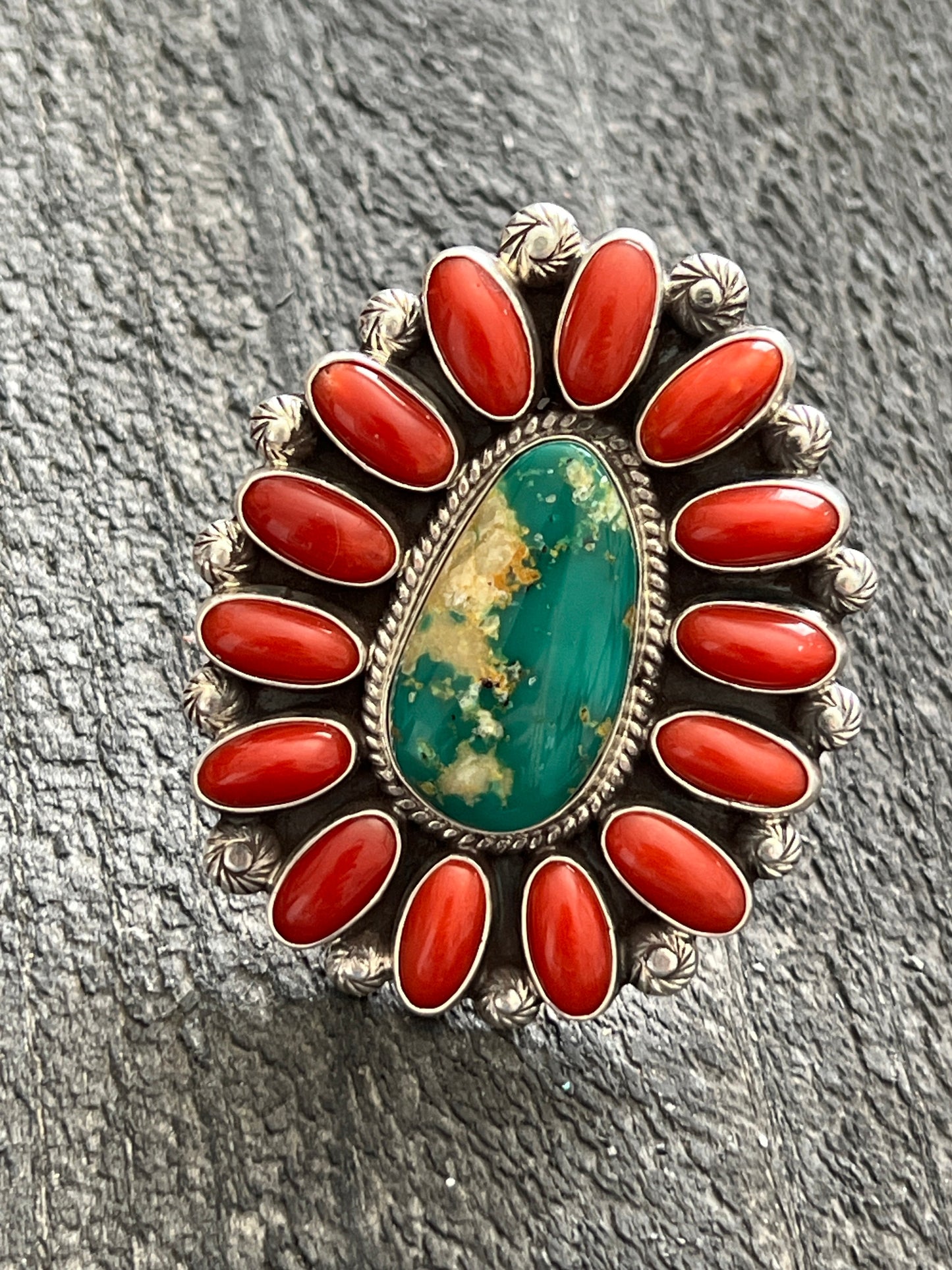 Handcrafted Sterling Silver, Royston Turquoise and Mediterranean Coral Cluster Ring by Tyler Brown, Adjustable