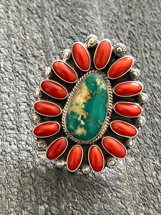 Handcrafted Sterling Silver, Royston Turquoise and Mediterranean Coral Cluster Ring by Tyler Brown, Adjustable