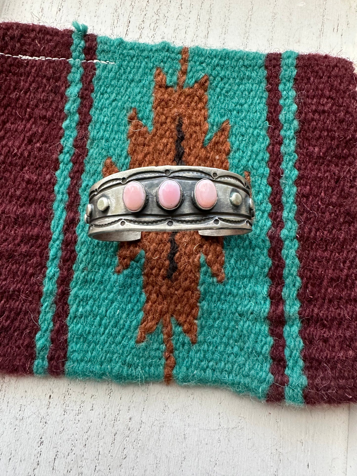 Navajo 3Stone Queen Pink Conch Shell & Sterling Silver Cuff Bracelet by Chimney Butte