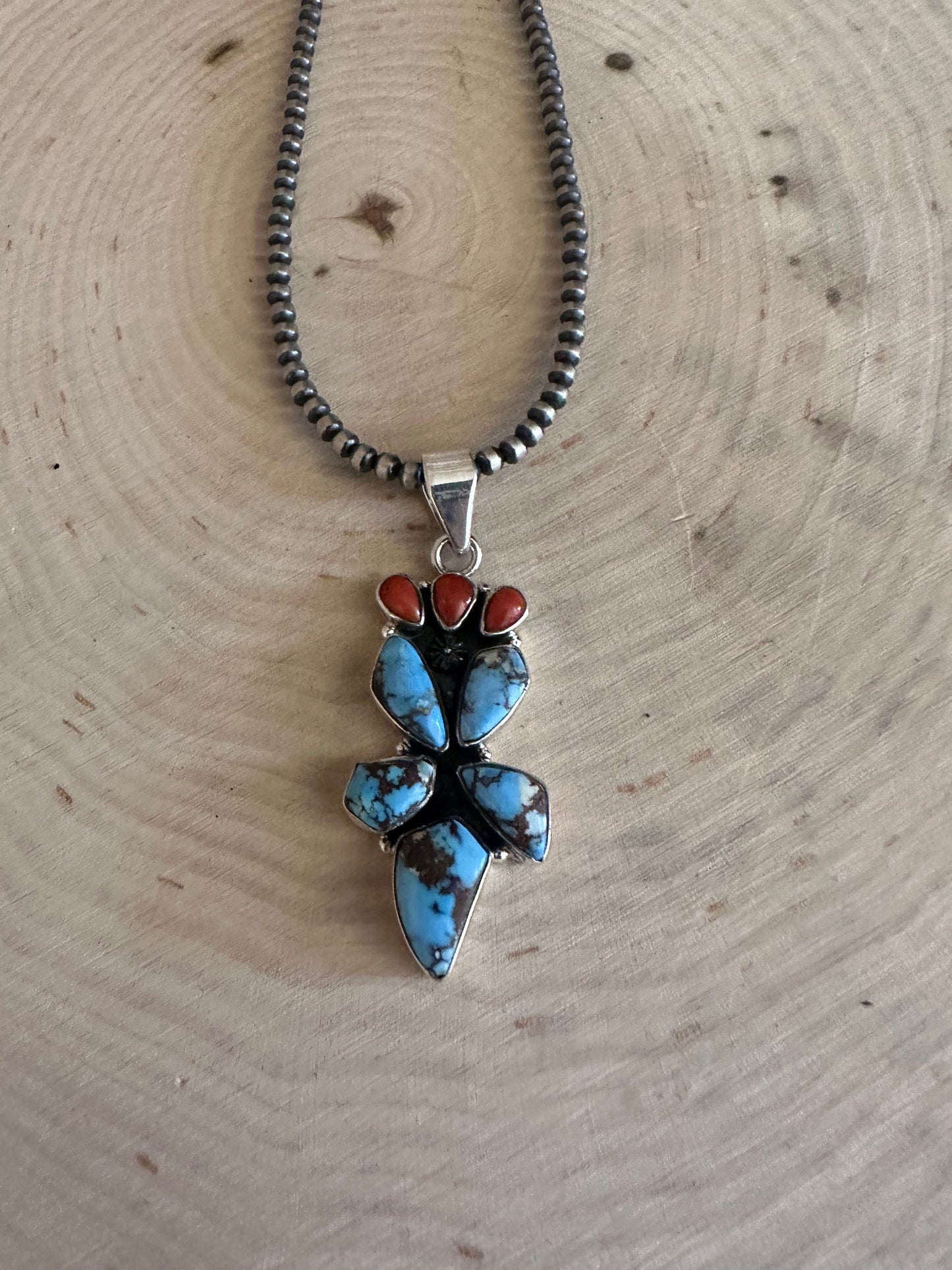 Handmade Sterling Silver, Natural Coral & Golden Hills Turquoise Cactus Pendant Signed Nizhoni